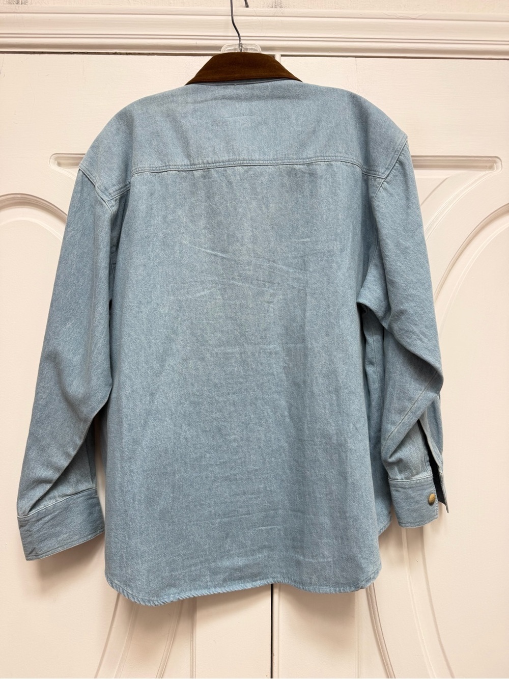 Patchwork Denim Button-Up Shirt with Brown Collar Cottagecore - Picture 6 of 7